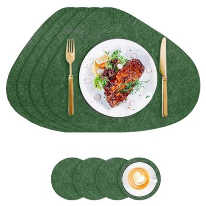 Tovagliette in Ecopelle e Sottobicchieri, Tovagliette Lavabili Bifacciali Antiscivolo Rotonde, Sottobicchieri in Pelle, l'isolamento Protegge il Tavolo (Verde-Grigio)