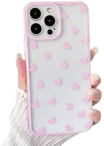 NITITOP Compatible with iPhone 13 Pro Max Case Cute Clear Pink Durable Love Heart Pattern for Girls Women Soft TPU Transparent Colourful Frame Full Camera Lens Shockproof Protective Cover - Pink