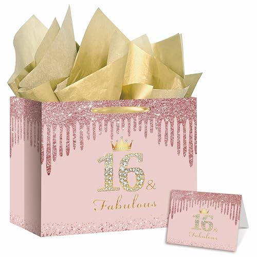 RDKOEAKEL Rose Gold Sweet 16 Fabulous Birthday Gift Bag for Girls Large Pink Gift Bag with Wrapping Paper and Card Perfect for Sweet 16 Party, 16th Birthday Decorations, and Party Supplies for Girls