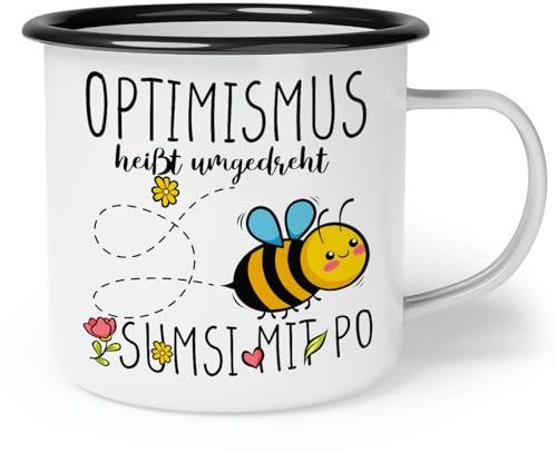 OM3® lustige Emaille-Tasse mit Spruch - Optimismus heisst umgekehrt Sumsi mit Po - Biene I | Emailletasse Emaille Becher | 10oz 300ml | Beidseitig Bedruckt | Weiß-Schwarz