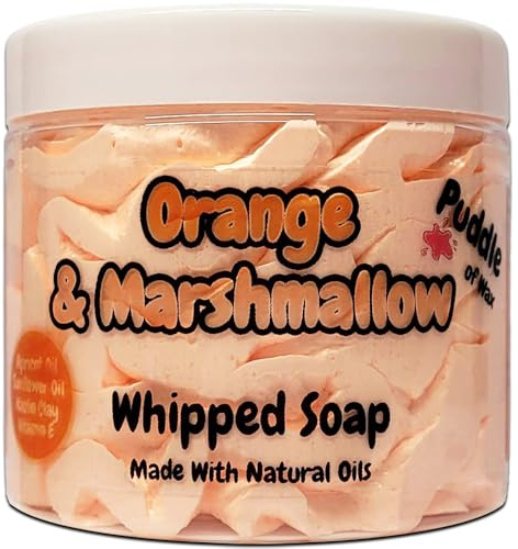 Orangen- und Marshmallow-Duschgel, geschlagene Seife, 150 g, natürliche Öle und Kaolin-Ton, süßer Duft, vegan, Puddle of Wax – hergestellt in Großbritannien