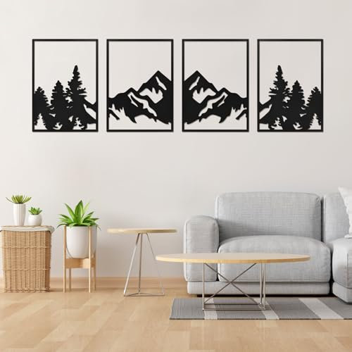 Figarge 4 Stück Wanddeko Metall Schwarz,Große Berge Wanddekoration Minimalistischer Stil für Zuhause Büro Schlafzimmer, Wohnzimmer, Küche, Drinnen und Draußen,Wanddeko, Wandbild Metall