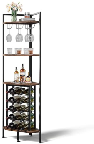 Warmiehomy Corner Wine Racks Free Standing with 15 Wine Bottle Holder, Wine Glass Holder, 4-Tier Floor Wine Storage Shelf for Home Bar Living Room Kitchen Dining Room Office