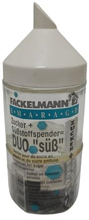 Fackelmann Dispensador de Azúcar y Sacarina 2 en 1, Dispensador Versáil con Doble Compartimento, Recipiente de Vidrio, Azucarero de Cristal, 15x5 cm