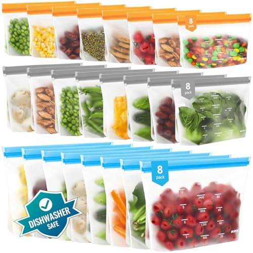 IDEATECH 24 Stück Gefrierbeutel Wiederverwendbar Silikonbeutel Standboden für Lebensmittel BPA Frei Zip Beutel Aufbewahrungsbeutel für Camping Sandwichbeutel Küche Suppen Gemüse Essen Tüten