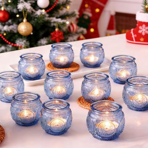 12 Stück blau Votivkerzenhalter, Glas-Teelicht-Kerzenhalter für Hochzeit Dusche, Party, Home Decor, Tisch Centerpiece (12, Blue)