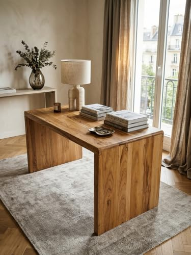 BOHA Bureau d'ordinateur en bois d'acacia massif 140 cm de large avec étagère design style maison de campagne