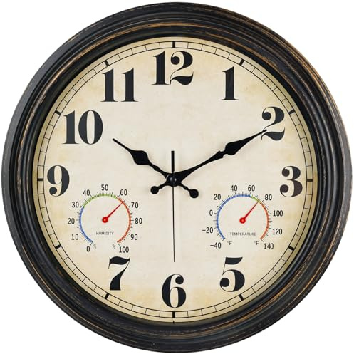 zyzamay Retro-Wanduhr für den Außenbereich, mit Thermometer und Hygrometer, wasserdicht und leise, große, leicht ablesbare Zahlen, ideal für Veranda, Garten, Pool, Schlafzimmer, Büro, Wohnzimmer