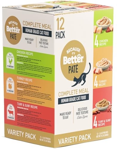 Because It’s Better Pate Complete Meal - Wet Cat Food - Variety Pack - Ocean, Turkey & Chicken Flavors - Organic, Balanced, Smooth Pate Texture, Human-Grade Ingredients, 2.6 oz Pouches (12 Count)