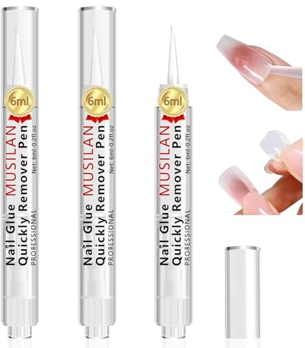 3 pièces Stylo Dissolvant Colle à ongles pour Pressés ongles, 3 en 1 Nail Glue Remover Pen, design de stylo de retrait par clic pour faux ongles adhésif déliant, pas pour vernis gel couche de base 6ml
