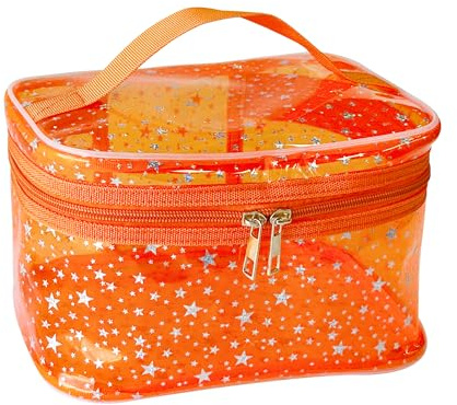 TotePrint Star Pattern PVC Cosmetic Bag Waterproof Square Bucket Shape 22 x 14 x 14 cm Travel Makeup Organiser (Pack of 1), orange, Modern