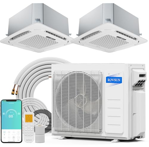 ROVSUN WIFI 20000 BTU Dual Zone (12K/12K) Ceiling Cassette Mini Split AC/Heater with Inverter, 20 SEER2 2 Zone Ductless Air Conditioner with Pre-Charged Condenser, Heat Pump & 25Ft Line Set, 208-230V