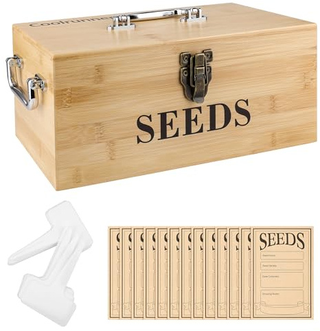 Coolrunner Holz-Samen-Sparbox, Samen-Aufbewahrungsbox, Samenpaket, Aufbewahrungs-Organizer mit Schloss und 3 Griffen, 30P Pflanzenetiketten, 30P Saatumschläge, Tasche (natürliche Holzfarbe)