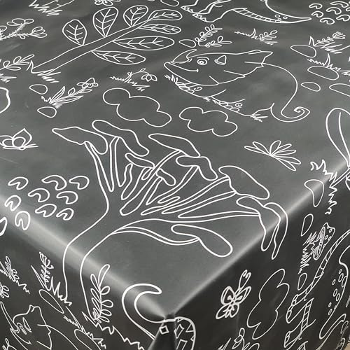 Wachstuchtischdecke Kinder Dinosaurier Schwarz Rechteckig 130 x 260 cm | abwaschbare Tischdecke, Gartentischdecke, wasserabweisend, gefaltet
