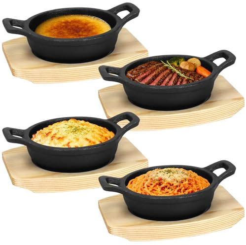 Malloom 4 Sets Mini Cast Iron Skillet with Wooden Base, Small Cast Iron Fajita Frying Pan Round Sizzler Serving Plates for Kitchen Baking Cooking Oven Safe (10cm)