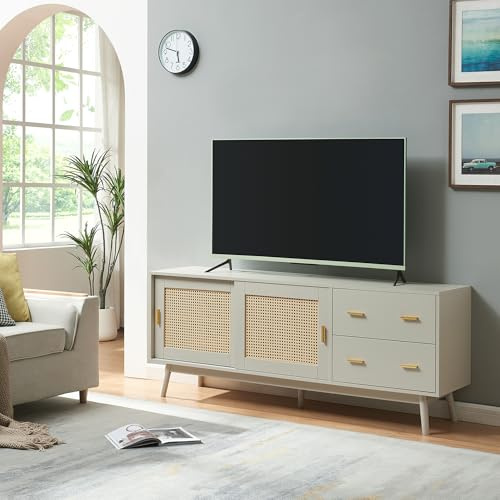 [en.casa] TV Schrank Susa Lowboard mit 2 Schiebetüren Polyrattan-Front Fernsehschrank mit 2 Schubladen 160 x 40 x 65 cm Sideboard Kommode Fernsehtisch Beige