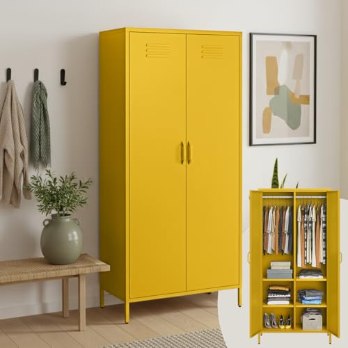 skølm Atria Kleiderschrank 80 cm, mit 6 Fächern, Senfgelb, Metallschrank | Metall, 2 Kleiderstangen, Garderobenschrank, Metallkleiderschrank breit, Schlafzimmerschrank, Industrial Schrank Flur stabil