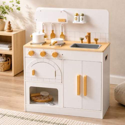 ROBUD Wooden Toy Kitchen for Kids, Pizza Oven Play Kitchen Playset with Cookware & Pizza Cutting Accessories, Realistic Faucet, Storage Cabinet, Role Play Toy Gift for Boys Girls Age 3+