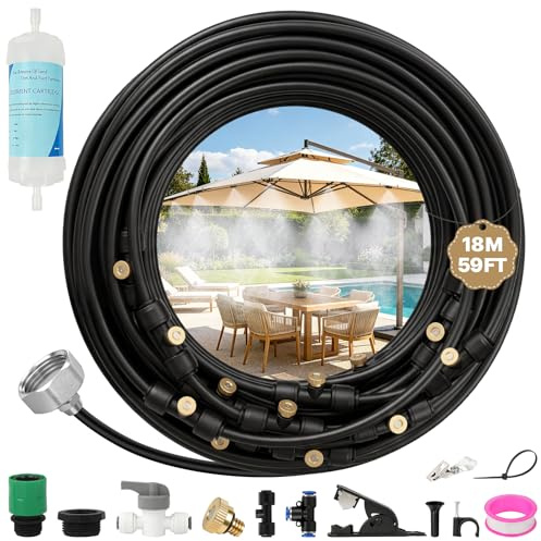 Nebulizzatore Giardino Rinfrescante,Kit Nebulizzazione Acqua,Vaporizzatore Terrazzo Esterno,18M Tubo 25 Ugelli Adattatore,Nebulizzatori Impianto per Gazebo Ombrellone Cortili Giardini Serre