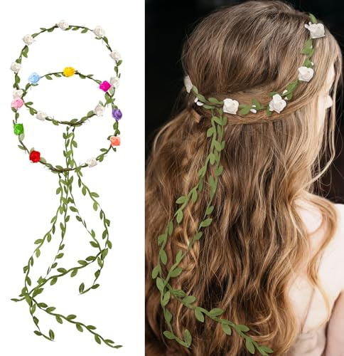 Cheynn 2 Stück Damen Blumenkranz Stirnband, Boho Blumen Haarschmuck Handgefertigte Rosenblatt Haarbänder Blumenkranz Haare für Braut Mädchen Kinder Hochzeit Kommunion Geburtstag Party