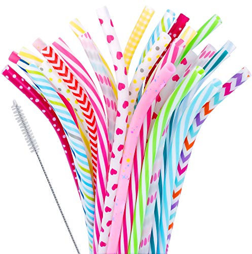 30 Pieces Reusable Plastic Straws BPA-Free 9 Colorful Printing Hard Platic Stripe Drinking Straw for Mason Jar Tumbler Family or Party Use Cleaning Brush Included(Random Pattern) (Bent)