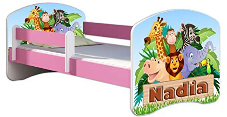 ACMA Kinderbett 70 x 140 cm mit Matratze & Lattenrost – Jugendbett mit Rausfallschutz, personalisiertes Motiv 02N Animals + Name - Rosa, Mädchenbett ab 3 Jahren, belastbar bis 120 kg