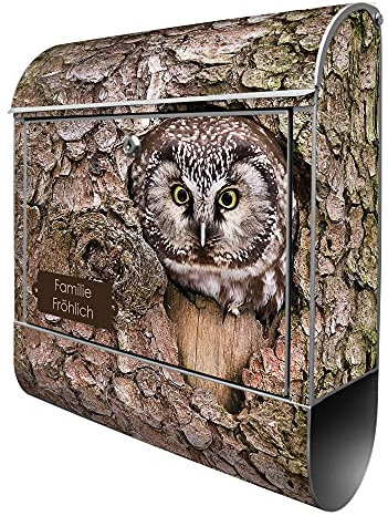 banjado® Design Briefkasten personalisiert Eule 38,5x46,5x13cm & 2 Schlüssel - Briefkasten Stahl Silber Zeitungsfach pulverbeschichtet - Postkasten A4 Einwurf inkl. Montagematerial
