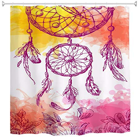 A.Monamour Duschvorhang Bunte Aquarell Handgezeichnete Ethnische Stammes-Dreamcatcher Boho Hippie Kunst Dekor Bild Wasserdichtes Gewebe Bad Vorhang Polyester Duschvorhang Mit Haken Ringe 180x200cm