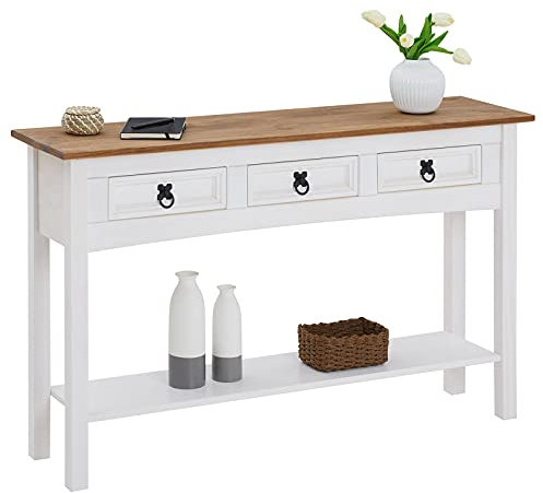 IDIMEX Console Campo Meuble Style Mexicain, Table Console Fabriquée en Pin Massif, 3 Tiroirs, 1 Étagère, Poignées en Métal, Console Finition lasurée Blanche