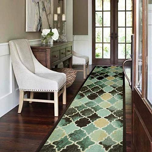 Bravich RugMasters Anejo TEAL Rubber Backed Non Slip Machine Washable Very Long Hallway Hall Runner Narrow Rugs Custom Length Stair Mats 2'2x12'FT (66x366cm)