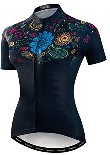 Radtrikot Damen Kurzarm Rennsport MTB Bike Shirts Fahrradbekleidung, Blume/Blau, Groß