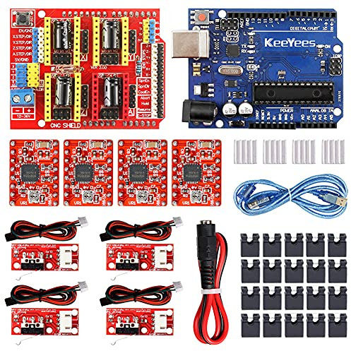 KeeYees Professional 3D Drucker CNC Kit mit E-Tutorial - CNC Shield V3 mit Jumper Kappen, A4988 Schrittmotor Treiber, DC Female Konverter Kable, RAMPS 1.4 Mechanical Switch Endstop