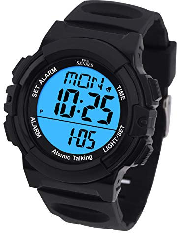 Five Senses Atomic English Talking Watch for Seniors Men and Women Talking with Day-Date Loud Alarm Clock Visually Impaired (Black), Modern