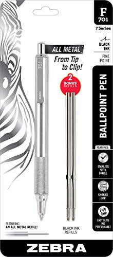 Zebra F-701 Metallstift, 0,8 mm feine Spitze, einziehbarer Edelstahl-Kugelschreiber, 1 schwarzer Stift mit 2 Ersatzminen