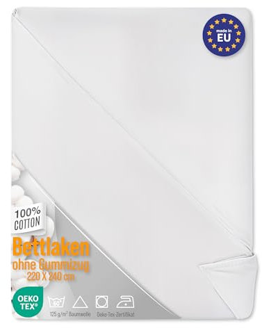 Bettlaken ohne Gummizug Baumwolle 2er Set: 220x240 cm - Bed Sheets Betttuch ohne Gummi und Laken Bedsheets Baumwollstoff weiß und Kochfest mit Oeko-Tex-Zertifikat