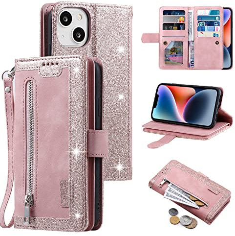 UEEBAI Wallet Case for iPhone 13 6.1 inch, Retro 9 Card Holder Slots Zipper Pocket Handbag Case PU Leather Magnetic Closure Kickstand with Wrist Strap TPU Shockproof folio Case - Rose Gold