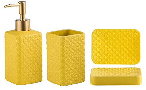 XUDREZ Set di accessori da bagno in ceramica, lussuoso, classico, moderno, giallo, dispenser per sapone/lozione, tazza per spazzolino da denti, portasapone, per casa, hotel, bagno, piano di lavoro