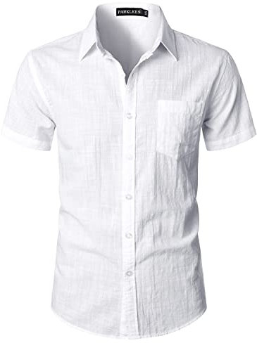 PARKLEES Men's Fitted Cotton Linen Casual Short Sleeve Button Up Shirts Lightweight Beach Tops with Pocket EU-PZLSC34-White Large