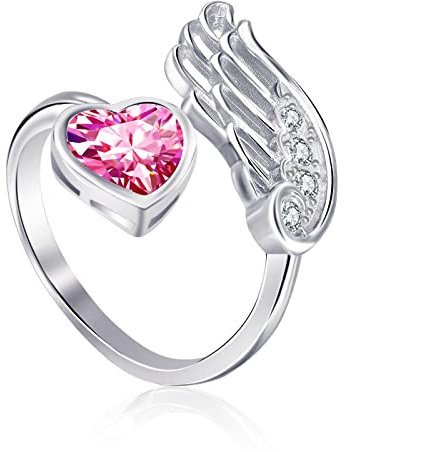 Qings Anello Donna Regolabile Tormalina Birthstone Ottobre Argento 925 AnellI di Nascita Pietra Aperto Piuma Ala d'angelo con Rosa Cuore Zirconi Solitario Fede Fidanzamento Anello per Ragazze
