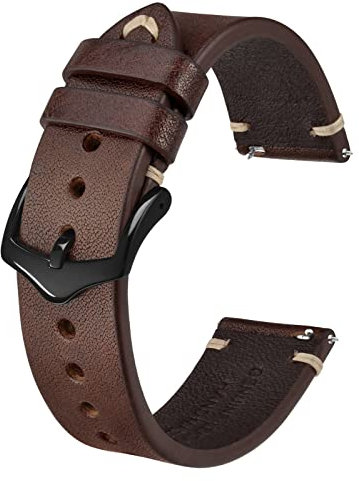 BISONSTRAP Uhrenarmband für Herren, Handgefertigte Stiche Leder Armband, Schnellverschluss, 20mm, Kaffeebraun mit Schwarzer Schnalle