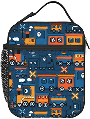 PrelerDIY Lonchera con diseño de tren de vapor con diseño de dibujos animados, aisladas, para mujeres, hombres, niñas, niños, con asa desmontable, bolsa de almuerzo