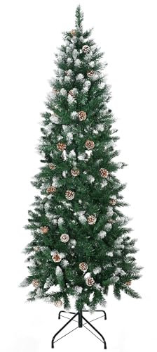 HOMCOM 6 Ft Snow Artificial Christmas Tree with Realistic Branches, Pine Cone, for Indoor Decoration, Green White