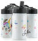 Personalised Water Bottle, 350ml White Sports Flask with Straw Cap Flip Lid, Stainless Steel, Customised with Initial/Name, Alpaca Unicorn with Rainbow Hair Hearts Stars Design Print