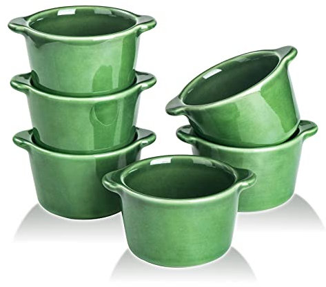 Creme Brulee Ramekins Ceramic Bowls - VICRAYS Mini Custard Cups 6 oz oven Safe Bowls Souffle Dishes for Baking Individual Casserole Dipping Sauce Pioneer Woman Bakeware Set of 6, Green