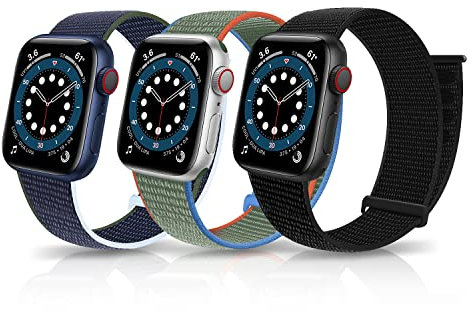LanQii Correa Compatible con Apple Watch Series 10 42 mm/9/8/7 41 mm/Watch SE 2/1 40 mm, Nailon Banda Pulseras Repuesto para Apple Watch Series 6/5/4 40 mm/3/2/1 38 mm, Negro+Azul+Verde Oliva