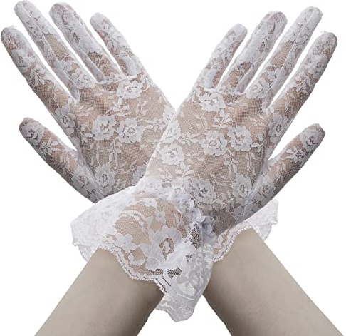 QPIXVB White Lace Gloves,Lace Gloves Women,White Mesh Glove,Halloween Opera Prom Cosplay Costume Dress Glove for Tea Party Bridal Wedding Sunblock,Halloween Accessories for Woman,Vampire Costume