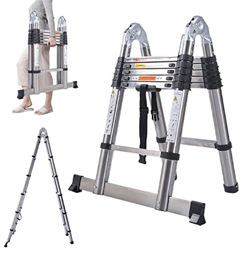 3.8M Telescopic Straight Ladder A-Frame Sturdy Stainless Steel Folding Ladder 12.5ft 2-IN-1 Extension Ladder with Support Bar 330lb Max Load for Household Outdoor Work
