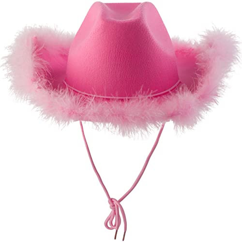 Chapeau de Cowboy pour Femme Couleur Unie Bordure en Fourrure Chapeau à Large Bord pour Femme Accessoires pour Halloween et Les Vacances (A-Pink, One Size)