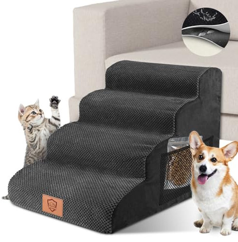 ZNM Escalier pour Chien à 4 Marches, Escaliers pour Chiens en Éponge Haute Densité, Escalier pour Animaux Antidérapant avec Housse Amovible & Lavable, pour Canapé et Lit, Noir