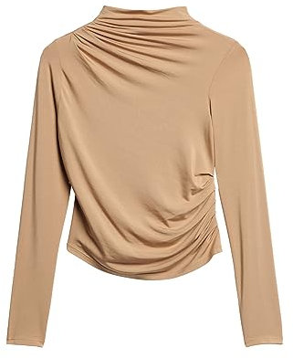 Superdry Damen Langärmeliges, Gerafftes Oberteil mit Stehkragen Bronze Braun 44